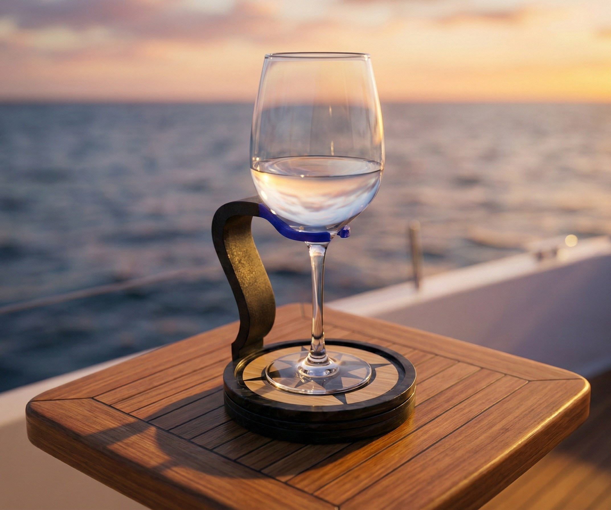UNBREAK ONE Weinglashalter mit Weinglas auf Schiff - Magnetischer Halter für Weingläser